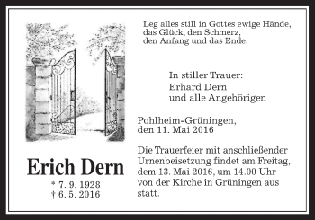 Traueranzeige von Erich Dern von Gießener Allgemeine, Alsfelder Allgemeine
