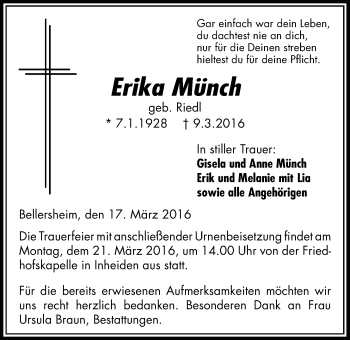 Traueranzeige von Erika Münch von Licher Wochenblatt, Licher Wochenblatt, Licher Wochenblatt