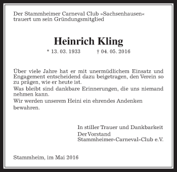 Traueranzeige von Heinrich Kling von Wetterauer Zeitung, Wetterauer Zeitung