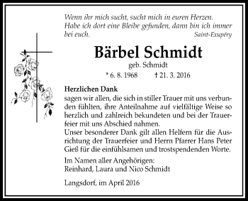 Traueranzeige von Bärbel Schmidt von Gießener Allgemeine, Alsfelder Allgemeine