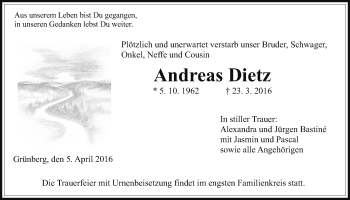 Traueranzeige von Andreas Dietz von Gießener Allgemeine, Alsfelder Allgemeine