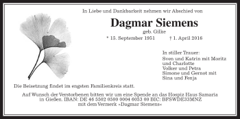 Traueranzeige von Dagmar Siemens von Wetterauer Zeitung, Wetterauer Zeitung