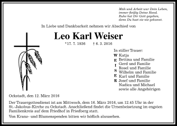 Traueranzeige von Leo Karl Weiser von Wetterauer Zeitung, Wetterauer Zeitung