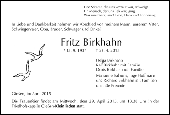 Traueranzeige von Fritz Birkhahn von Gießener Allgemeine, Alsfelder Allgemeine