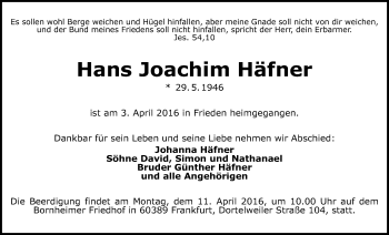 Traueranzeige von Hans Joachim Häfner von Gießener Allgemeine, Alsfelder Allgemeine