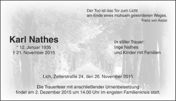 Traueranzeige von Karl Nathes von Licher Wochenblatt, Licher Wochenblatt, Licher Wochenblatt