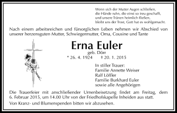 Traueranzeige von Erna Euler von Licher Wochenblatt, Licher Wochenblatt, Licher Wochenblatt