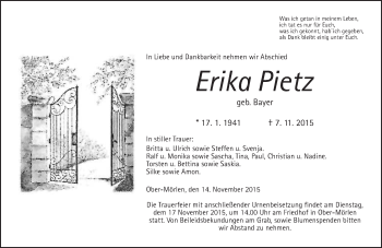 Traueranzeige von Erika Pietz von Wetterauer Zeitung, Wetterauer Zeitung