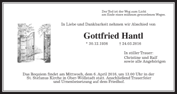 Traueranzeige von Gottfried Hantl von Wetterauer Zeitung, Wetterauer Zeitung