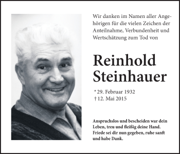 Traueranzeige von Reinhold Steinhauer von Wetterauer Zeitung, Wetterauer Zeitung