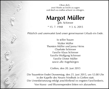 Traueranzeige von Margot Müller von Gießener Allgemeine, Alsfelder Allgemeine