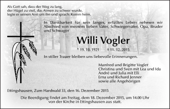 Traueranzeige von Willi Vogler von Licher Wochenblatt, Licher Wochenblatt, Licher Wochenblatt