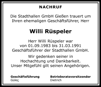 Traueranzeige von Willi Rüspeler von Gießener Allgemeine, Alsfelder Allgemeine