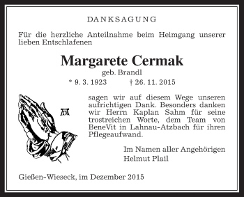Traueranzeige von Margarete Cermak von Gießener Allgemeine, Alsfelder Allgemeine