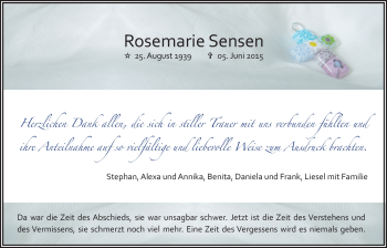 Traueranzeige von Rosemarie Sensen von Wetterauer Zeitung, Wetterauer Zeitung