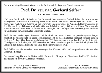 Traueranzeige von Gerhard Seifert von Gießener Allgemeine, Alsfelder Allgemeine