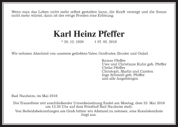 Traueranzeige von Karl Heinz Pfeffer von Wetterauer Zeitung, Wetterauer Zeitung