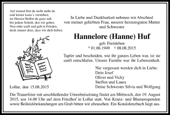 Traueranzeige von Hannelore  Huf von Gießener Allgemeine, Alsfelder Allgemeine