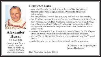 Traueranzeige von Alexander Husar von Wetterauer Zeitung, Wetterauer Zeitung