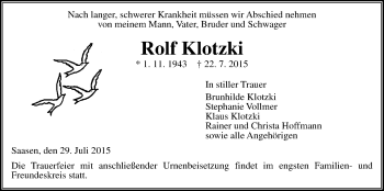 Traueranzeige von Rolf Klotzki von Gießener Allgemeine, Alsfelder Allgemeine