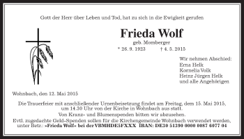 Traueranzeige von Frieda Wolf von Wetterauer Zeitung, Wetterauer Zeitung
