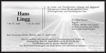 Traueranzeige von Hans Lingg von Wetterauer Zeitung, Wetterauer Zeitung