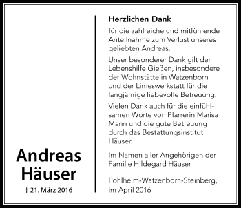 Traueranzeige von Andreas Häuser von Pohlheimer Nachrichten