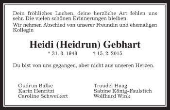 Traueranzeige von Heidi Gebhart von Wetterauer Zeitung, Wetterauer Zeitung