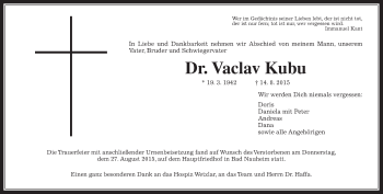 Traueranzeige von Vaclav Kubu von Wetterauer Zeitung, Wetterauer Zeitung