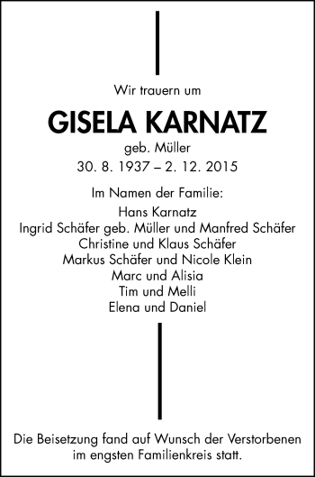 Traueranzeige von Gisela Karnatz von Wetterauer Zeitung, Wetterauer Zeitung