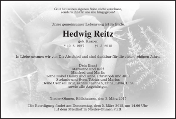 Traueranzeige von Hedwig Reitz von Alsfelder Allgemeine