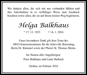 Traueranzeige von Helga Balkhaus von Gießener Allgemeine, Alsfelder Allgemeine