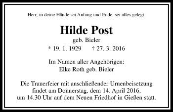 Traueranzeige von Hilde Post von Gießener Allgemeine, Alsfelder Allgemeine
