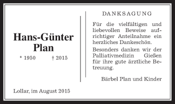 Traueranzeige von Hans-Günter Plan von Gießener Allgemeine, Alsfelder Allgemeine