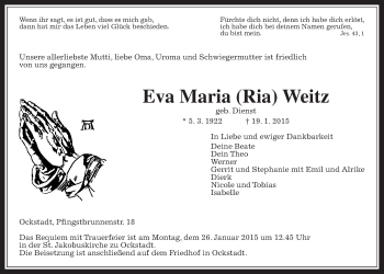 Traueranzeige von Eva-Maria Weitz von Wetterauer Zeitung, Wetterauer Zeitung