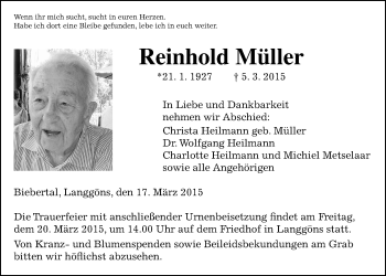 Traueranzeige von Reinhold Müller von Gießener Allgemeine, Alsfelder Allgemeine