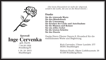 Traueranzeige von Inge Cervenka von Wetterauer Zeitung, Wetterauer Zeitung