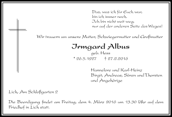 Traueranzeige von Irmgard Albus von Licher Wochenblatt, Licher Wochenblatt, Licher Wochenblatt