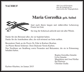 Traueranzeige von Maria Gorzolka von Wetterauer Zeitung