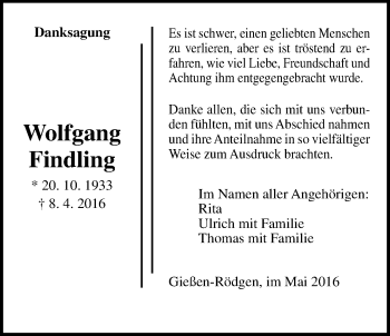 Traueranzeige von Wolfgang Findling von Gießener Allgemeine, Alsfelder Allgemeine