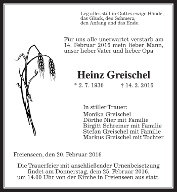Traueranzeige von Heinz Greischel von Gießener Allgemeine, Alsfelder Allgemeine