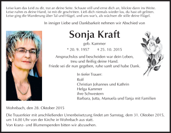 Traueranzeige von Sonja Kraft von Wetterauer Zeitung, Wetterauer Zeitung