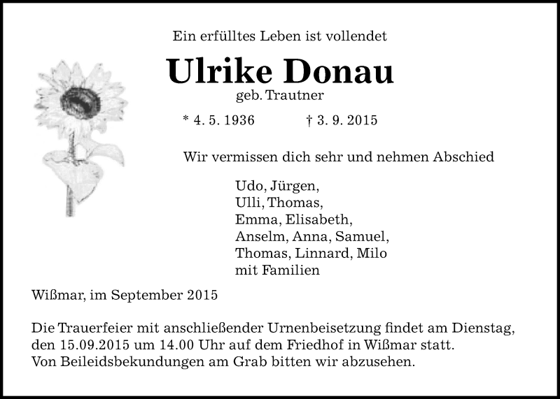  Traueranzeige für Ulrike Donau vom 09.09.2015 aus Gießener Allgemeine, Alsfelder Allgemeine