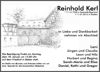 Traueranzeige von Reinhold Kerl von Gießener Allgemeine, Alsfelder Allgemeine