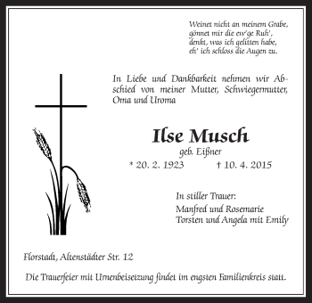 Traueranzeige von Ilse Musch von Wetterauer Zeitung, Wetterauer Zeitung