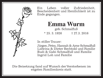 Traueranzeige von Emma Wurm von Wetterauer Zeitung, Wetterauer Zeitung