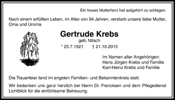 Traueranzeige von Gertrude Krebs von Licher Wochenblatt, Licher Wochenblatt, Licher Wochenblatt