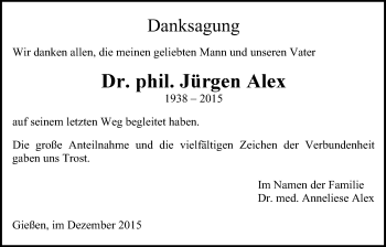 Traueranzeige von Jürgen Alex von Gießener Allgemeine, Alsfelder Allgemeine