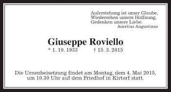Traueranzeige von Giuseppe Roviello von Alsfelder Allgemeine