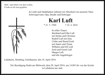 Traueranzeige von Karl Luft von Gießener Allgemeine, Alsfelder Allgemeine